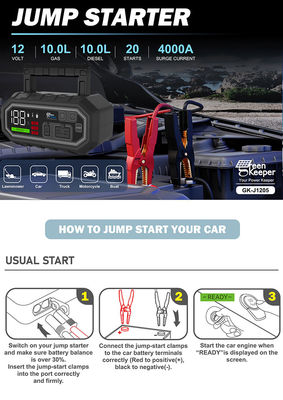 Jump Start Cualquier coche de gasolina o diesel de 10.0L con 4000A Batería Jump Starter y salida USB