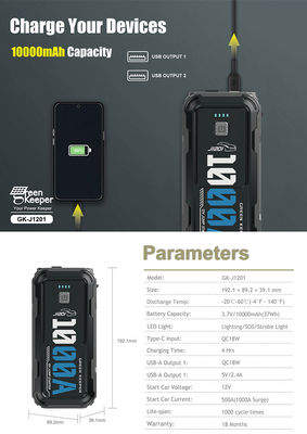 18W QC Entrada Led Luz de trabajo 10000mAh Car Jump Starter Power Bank 1000A Dos salidas USB