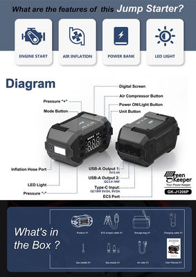 4 en 1 Car Booster Power Bank Jump Starter con compresor de aire incorporado e inflador