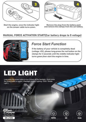 USB1 5V/3A 9V/2A 12V/1.5A USB2 5V/2.1A QC 18W Entrada multifunción Jump Starter Banco de energía