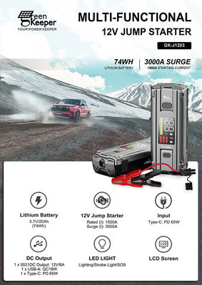 J1203 PD65W 12v 3000A arrancador de salto de automóvil de alta potencia con salida de corriente continua de linterna para automóviles pequeños