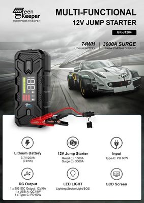 Salida 12V 1500A UltraSafe Jump Starter de alta capacidad con función de arranque del motor de luz LED
