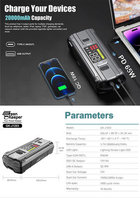 Entrada PD 65W Green Keeper UltraSafe Alta descarga 3000A Batería arrancador de salto para vehículos camión coche
