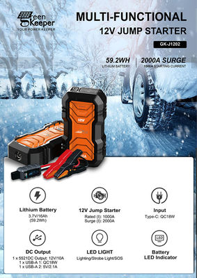 QC 18W Entrada GreenKeeper UltraSafe Supercondensador 2000A Batería arrancador de salto con luz LED