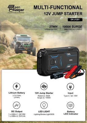 Batería de emergencia de automóvil de 18W de salida total UltraSafe Booster Pack 12V 24V 1000A Jump Starter