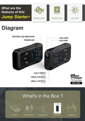 Batería de emergencia de automóvil de 18W de salida total UltraSafe Booster Pack 12V 24V 1000A Jump Starter