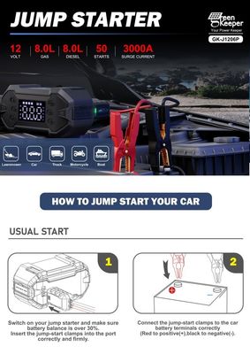 3000A Peak Mini Car Jump Starter portátil con capacidad de 20000mAh y linterna LED